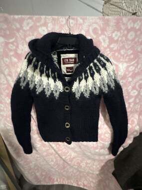 LTB 1948 LittleBig Navy Blue and White Icelandic Fair Isle Hooded Cardigan Sweat
